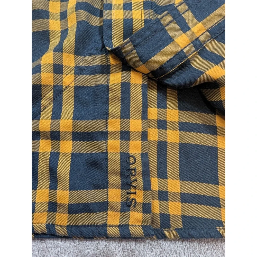 Orvis Button Down Shirt Mens Medium Navy Yellow Plaid Active Fit Wool Blend